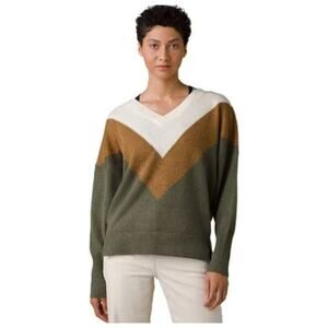 PrAna Norfolk Sweater Sz Medium Green Brown Ivory Vneck Thumb Holes Oversized